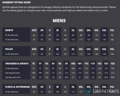 Men’s garment fitting guide for Syzmic Squad Safety SS Polo and Vis Squad Short