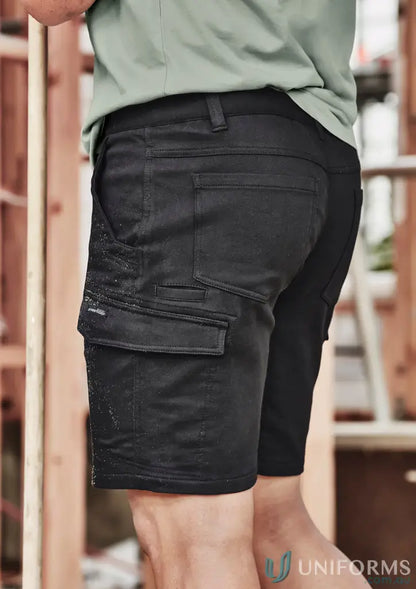 Black Syzmic Streetworx Comfort Shorts with diamond-shaped crotch panel and large cargo pocket