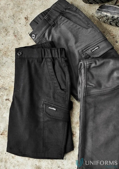 Black and gray Syzmic Streetworx Comfort Shorts with diamond-shaped crotch panel and large cargo pocket