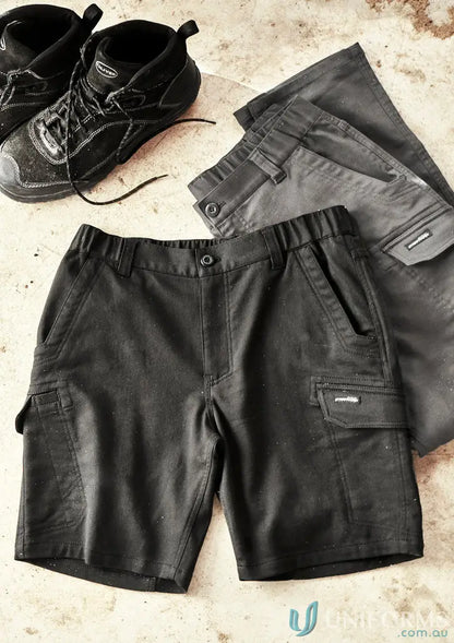 Black streetworx comfort shorts with diamond-shaped crotch panel and large cargo pocket