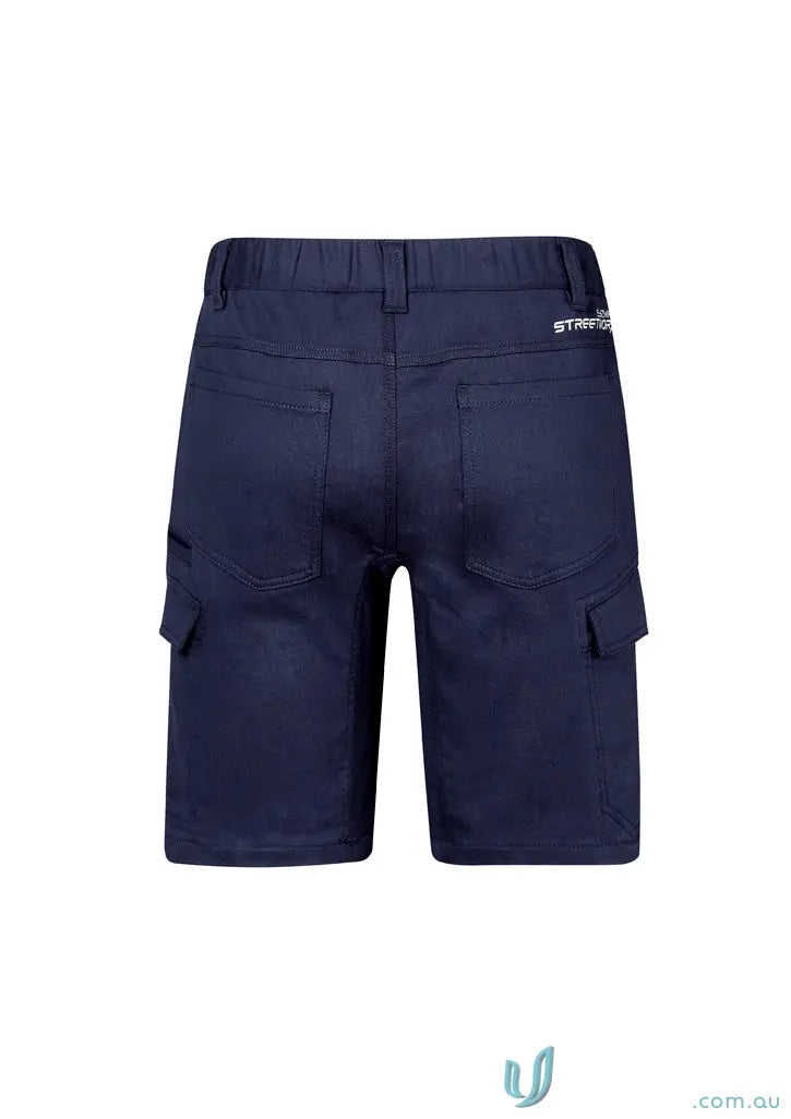 Navy blue Syzmic Streetworx Comfort Shorts with large cargo pocket and diamond-shaped crotch panel