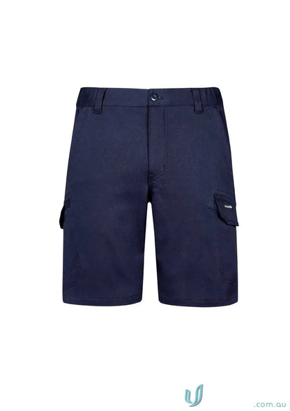 Navy blue Syzmic Streetworx Comfort Shorts with diamond-shaped crotch panel and large cargo pocket