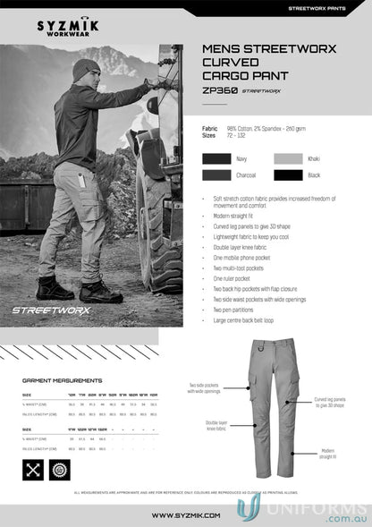 Syzmik Streetworx Men’s curved cargo pants for street style workwear—durable and comfy