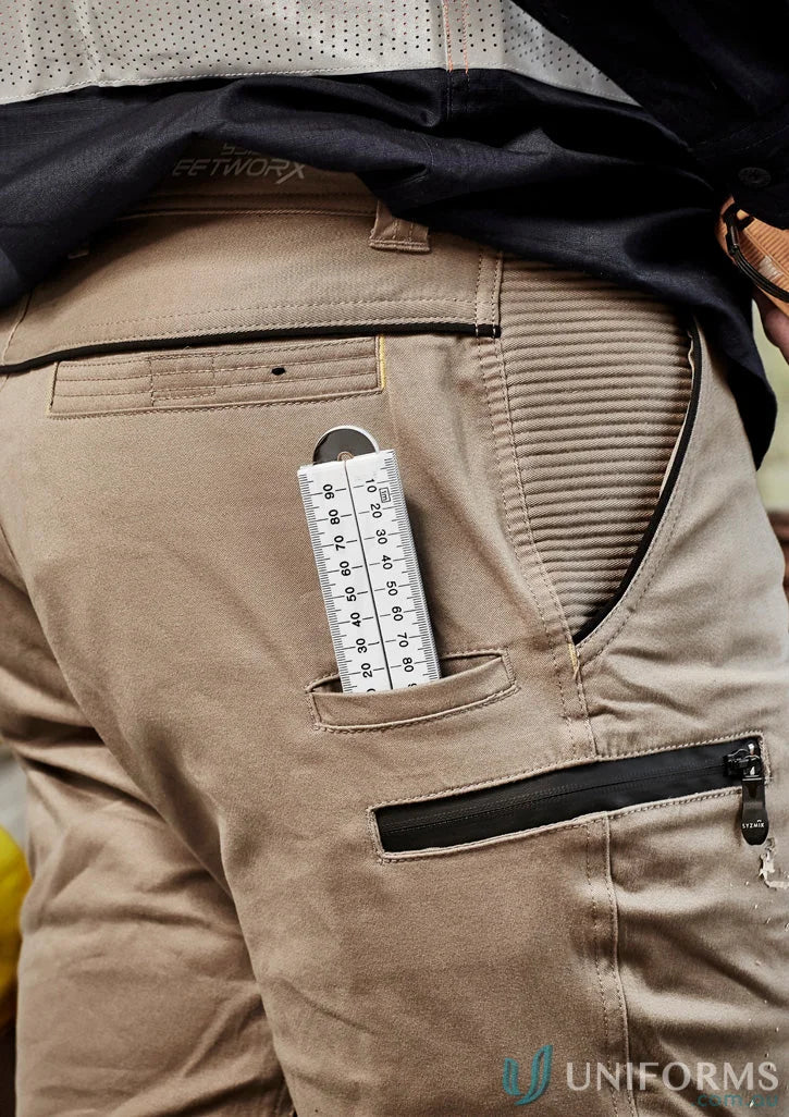 Syzmic Men’s Streetworx khaki stretch pants with ruler in pocket, modern slim fit for men