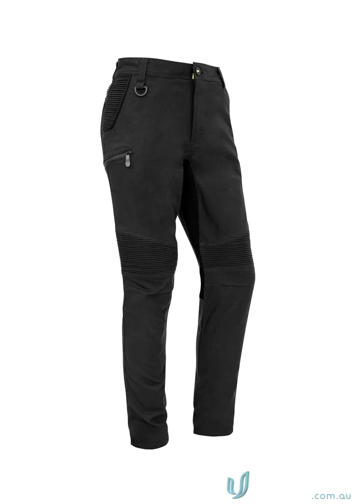 Black moto-style pants from Syzmik Men’s Streetworx, modern slim fit stretch pants