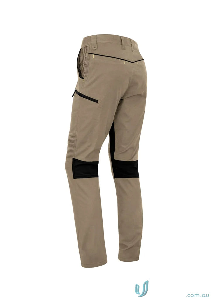 Syzmic Men’s Streetworx khaki stretch pants with black knee patches, modern slim fit style