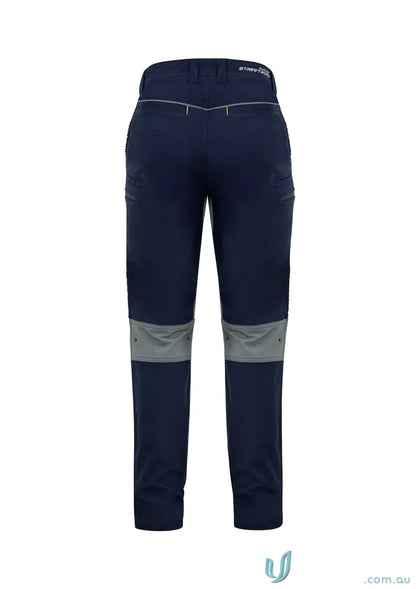 Navy blue Syzmik Men’s Streetworx stretch pants with gray knee patches, modern slim fit