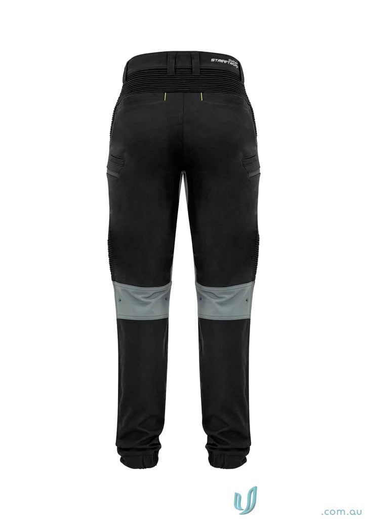 Black streetworx stretch pant for men with reflective stripes and stretch pleating