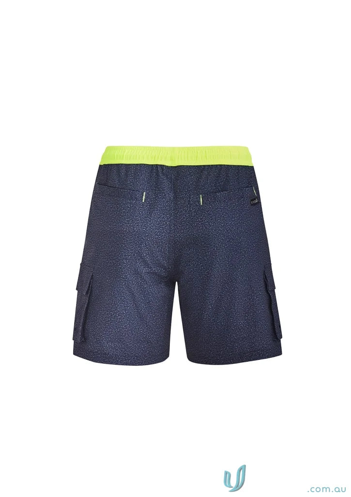 Navy blue Syzmic Men’s Streetworx cargo shorts with neon yellow waistband and board shorts style