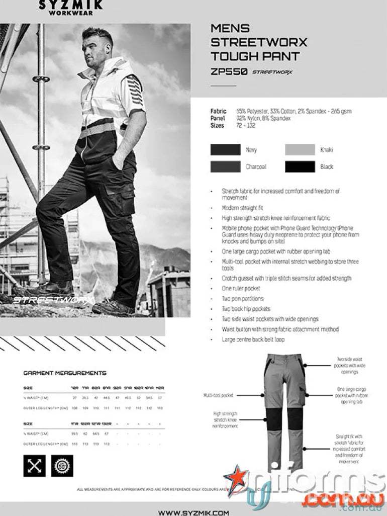 Men’s Syzmik Streetworx Tough Pants showing features and measurements for durability meets ultimate style
