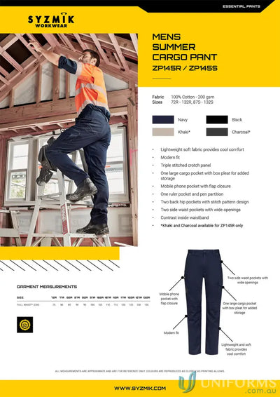 Syzmic Men’s Summer Cargo Pant in navy khaki black charcoal stay cool lightweight fabric