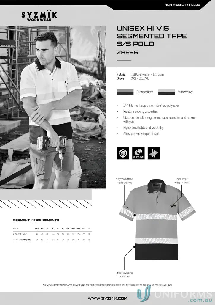 High visibility work polo shirt with vis segmented tape and short sleeve polo style