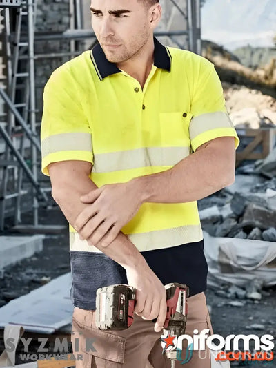 High-visibility work polo shirt with vis segmented tape and short sleeve polo style