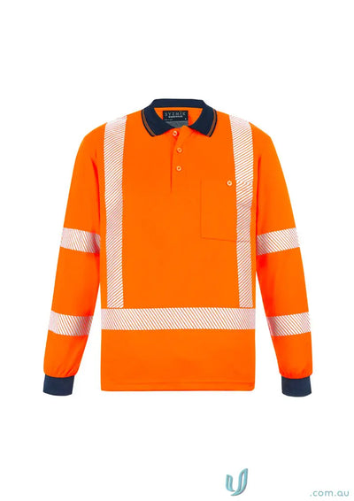 Orange long-sleeve polo with segmented reflective tape for NSW Rail long workwear