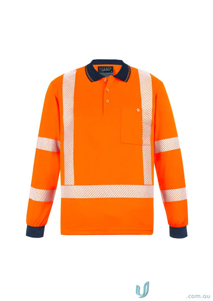 Orange long-sleeve polo with segmented reflective tape for NSW Rail long workwear