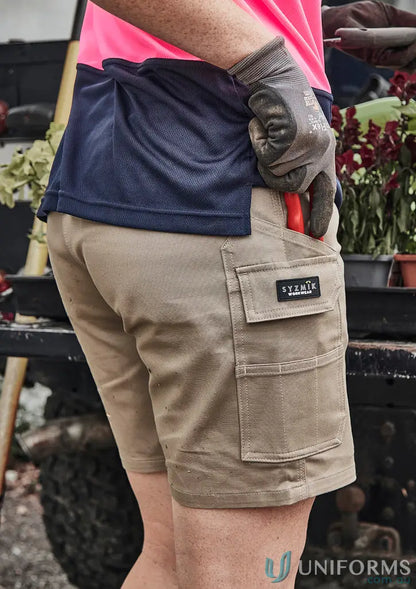 Khaki women’s essential stretch cargo shorts with cargo pocket and sun protection