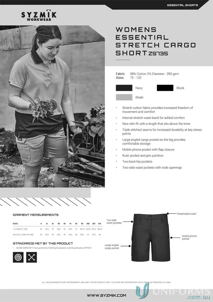 Women’s essential stretch cargo shorts with sun protection and flattering fit from Syzmic