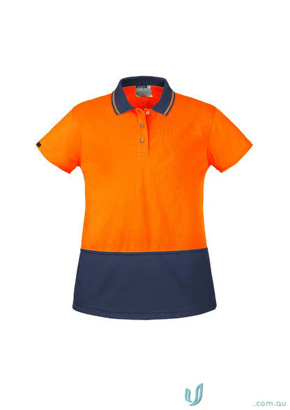 Orange and navy blue Syzmik Womens HiVis Polo, lightweight short sleeve, shop vis basic