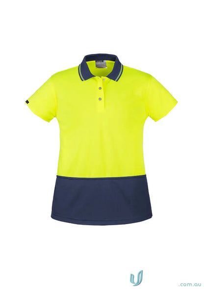 Two-tone safety polo shirt from Syzmik Women’s Fit, lightweight short sleeve, perfect for shop vis basic needs