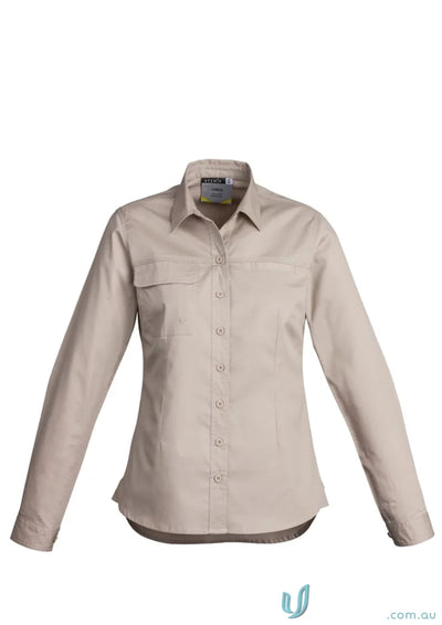 Beige syzmik women’s lightweight long-sleeved tradie shirt with feminine fit and triple-stitched seams