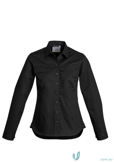 Black long-sleeved button-down Syzmik women’s lightweight tradie shirt with feminine fit and triple-stitched seams