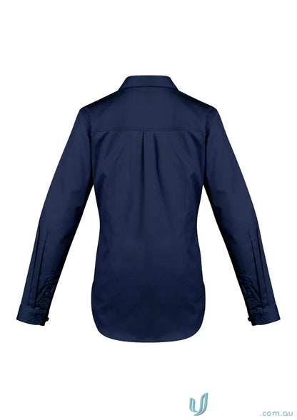 Navy blue Syzmic Womens Light Weight LS Tradie Shirt with feminine fit and triple-stitched seams