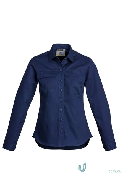Navy blue syzmik women’s lightweight long-sleeved tradie shirt with feminine fit and triple-stitched seams
