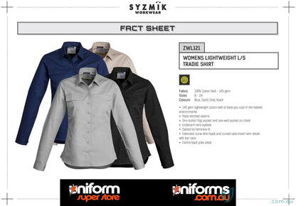 Syzmic Women’s Lightweight LS Tradie Shirt with feminine fit and triple-stitched seams