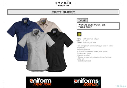 Syzmic womens lightweight cotton twill work shirt with feminine fit short sleeve