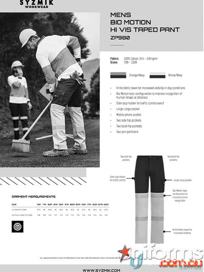 Syzmik Men’s Bio Motion HiVis Taped Pant ZP980 stay visible for work safety