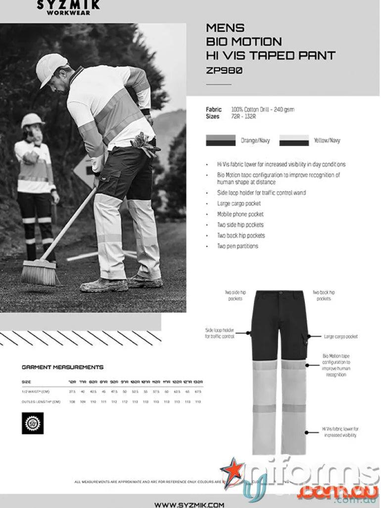 Syzmik Men’s Bio Motion HiVis Taped Pant ZP980 stay visible for work safety