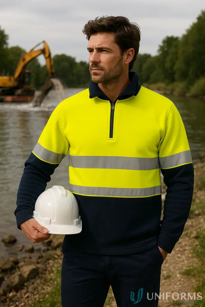 Men’s high-vis night fleece jumper hooped with yellow and navy, reflective stripes for safety