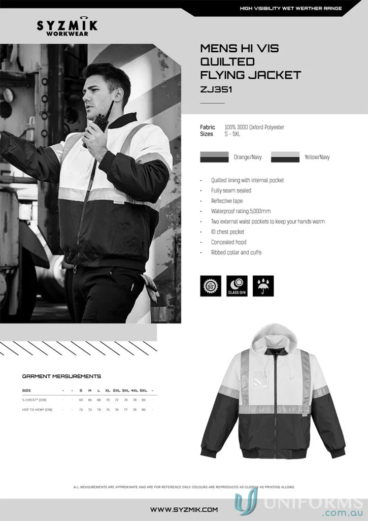 Men’s high visibility quilted flying jacket in Syzmik Day/Night Quilt style