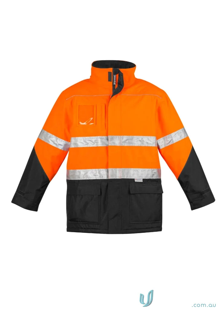 Orange and black reflective safety jacket from Syzmik Day/Night Quilt Lined Storm Jacket collection, featuring chest pocket quilt lined storm for visibility and warmth