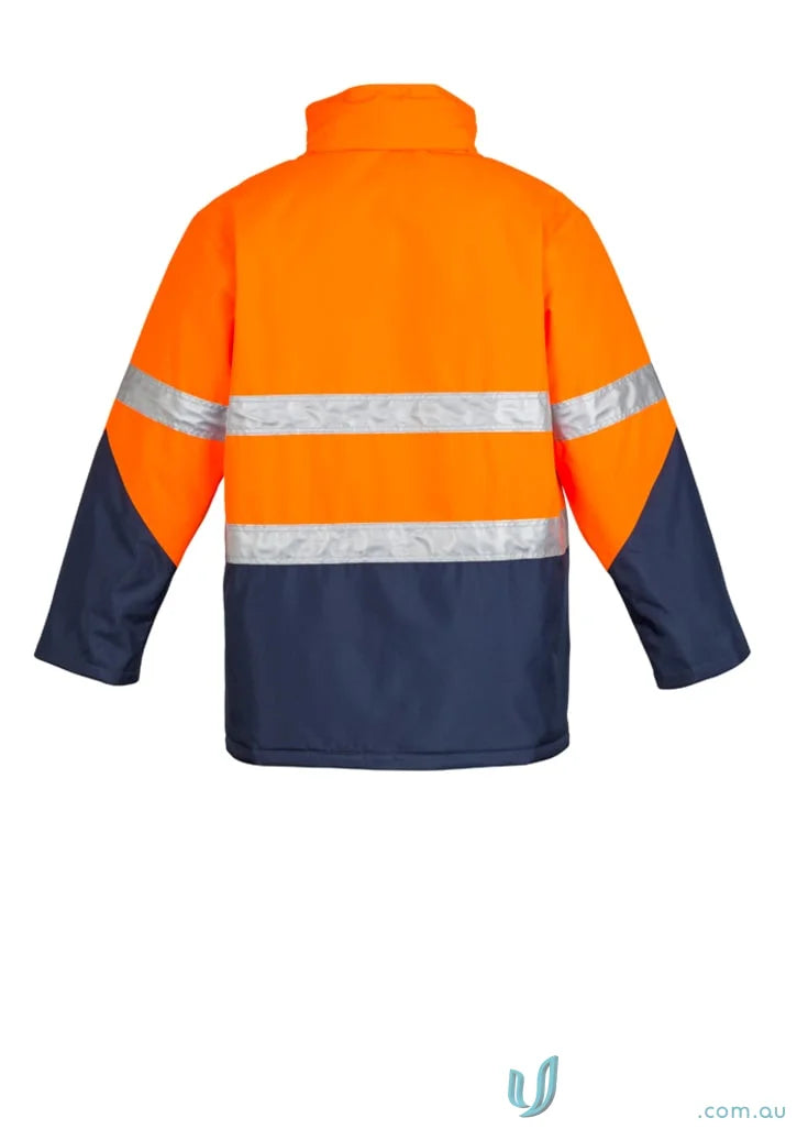 Orange and navy blue high-visibility Syzmik Day/Night Quilt Lined Storm Jacket with chest pocket