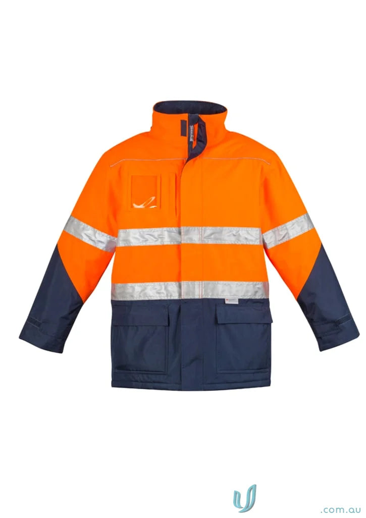 Orange and navy blue high-vis work jacket from Syzmik Day/Night Quilt Storm Jacket collection