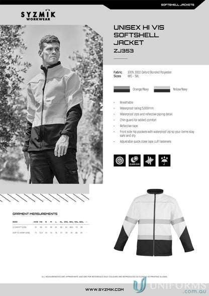 Unisex Syzmik Day/Night Soft Shell Jacket with waterproof zips and 000mm waterproof rating