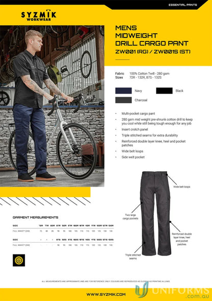 Men’s midweight drill cargo pants from Syzmik Drill Cargo for all-day comfort