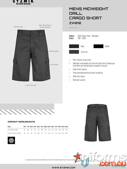 Syzmik Men’s Midweight Drill Cargo Short Zw012 for casual comfort and style