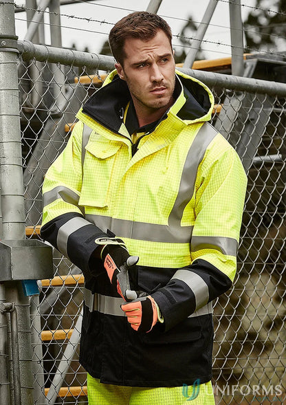 High-visibility Syzmik ZJ900 waterproof jacket for men’s orange flame arc rated antistatic work safety