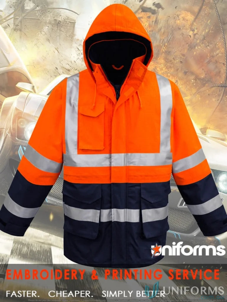 Orange and navy Syzmik Fire Armour waterproof jacket, men’s orange flame arc rated antistatic style