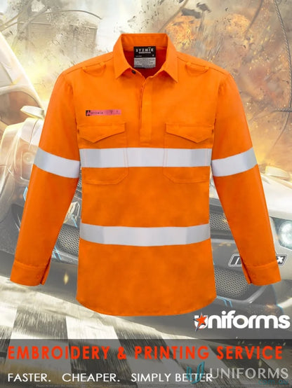 Orange long-sleeved zw134 fr shirt with reflective stripes from Syzmik Fire Armour taped shirt collection offering inherent fr protection