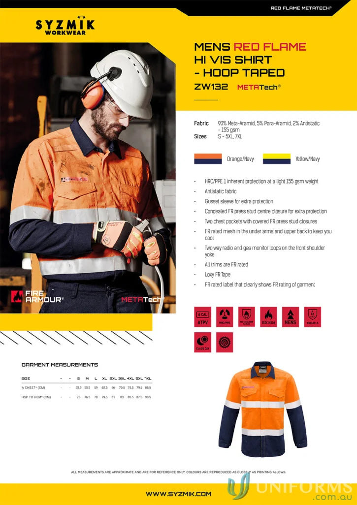 Syzmik Men’s Red Red Flame Hi-Vis Fire Armour Hoop Taped Work Shirt
