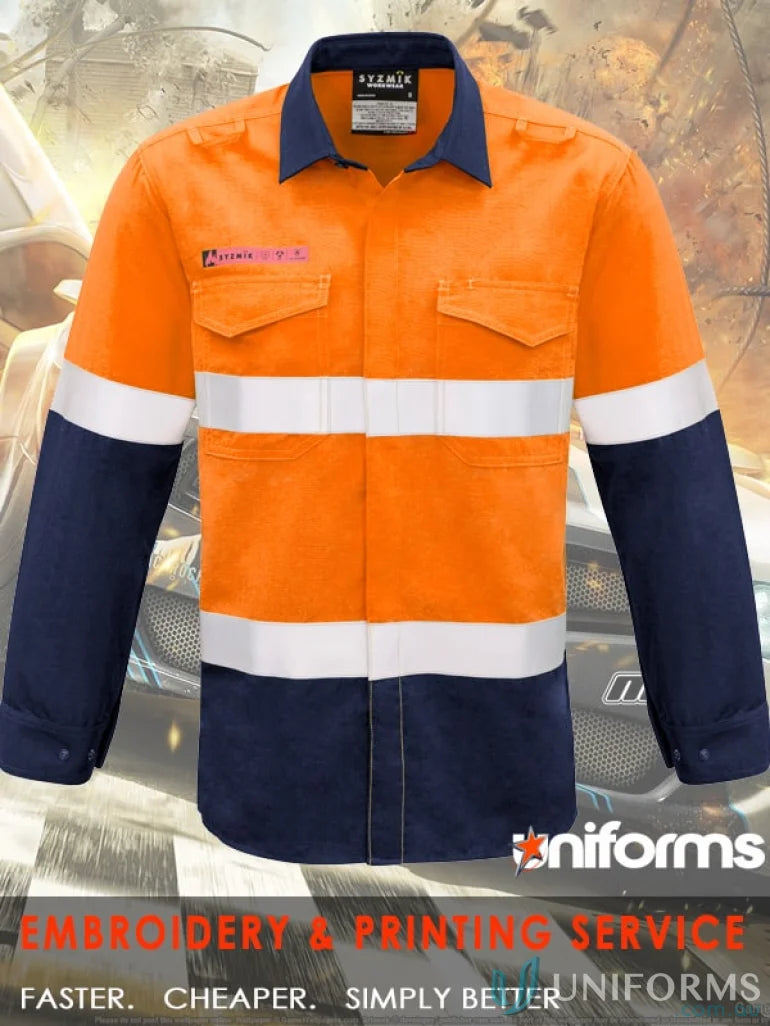 Orange and navy work shirt from Syzmik Fire Armour Hoop Taped collection