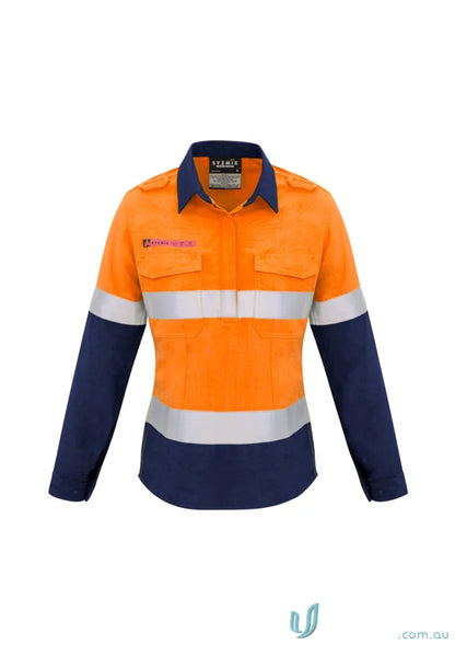 Orange and navy blue hi-vis hooped taped spliced shirt from Syzmik Fire Armour zw131