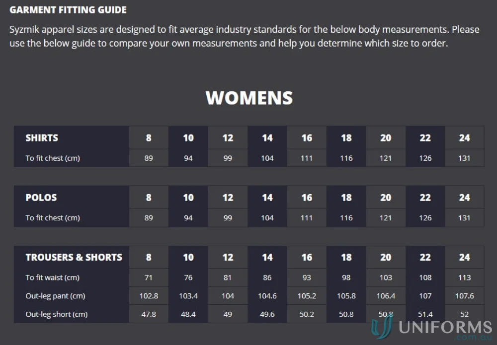 Women’s garment fitting guide for Syzmik Fire Armour taped spliced shirt with hooped design