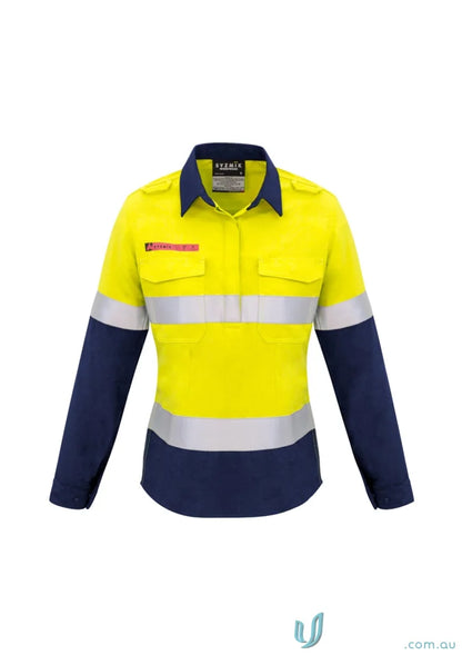 Yellow and navy blue long-sleeved taped spliced shirt for women, ideal for work wear