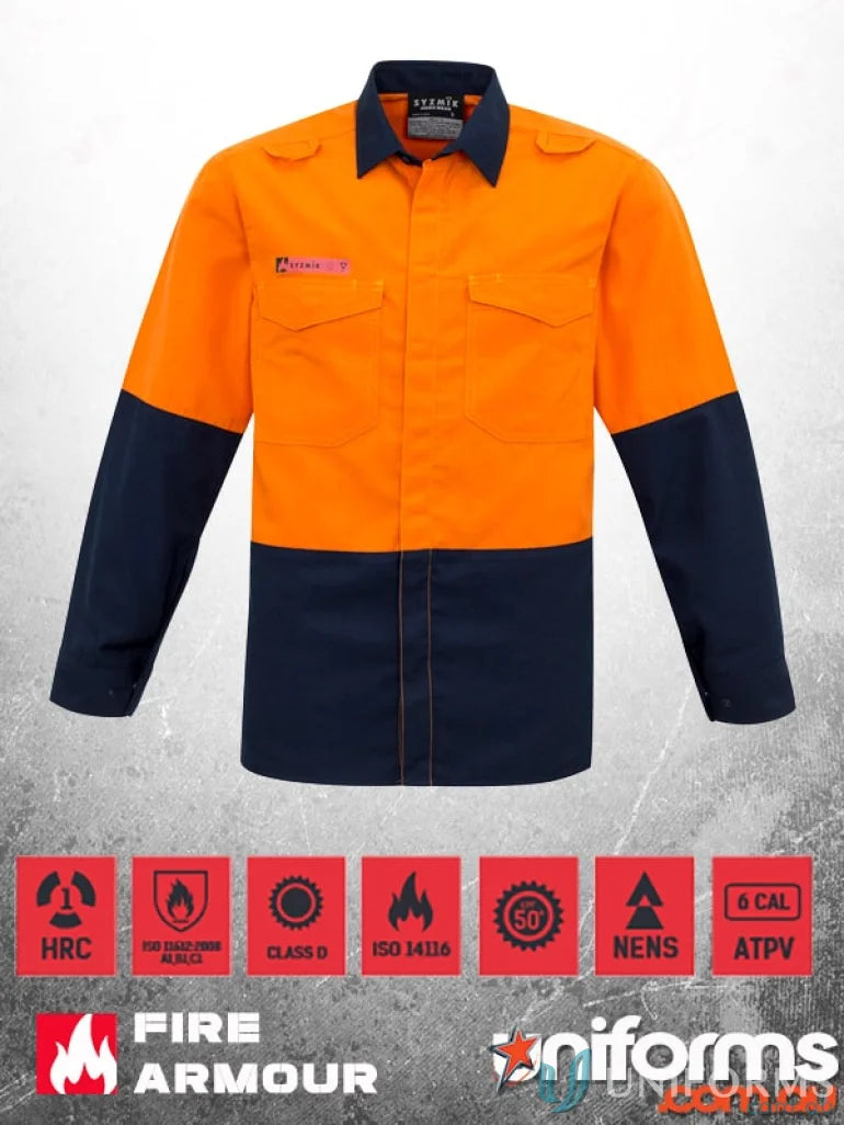 Two-tone fire-resistant vis spliced shirt with FR-rated mesh for safety and style