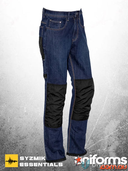 Blue Syzmik Heavy Duty Cordura Stretch Denim Jeans with black knee pads for tough jobs