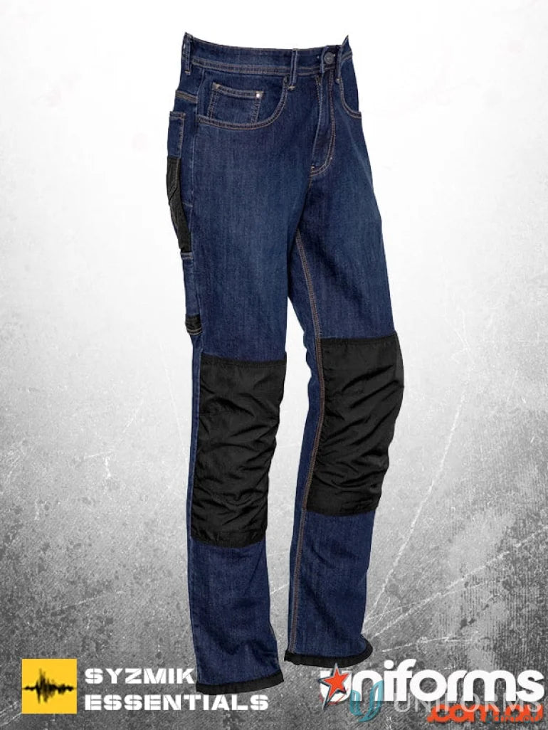 Blue Syzmik Heavy Duty Cordura Stretch Denim Jeans with black knee pads for tough jobs